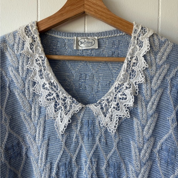 Blue Cable Knit Sweater with Lace Collar - Picture 4 of 7